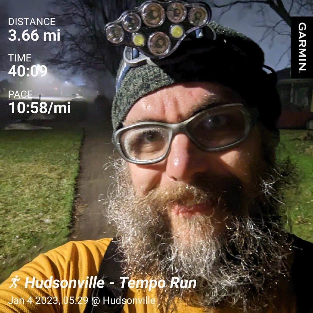 Distance: 3.66 miles, Time: 40:09, Pace: 10:58 min/mile | Hudsonville - Tempo Run / Selfie of me in the neighborhood with heavy fog in the background.